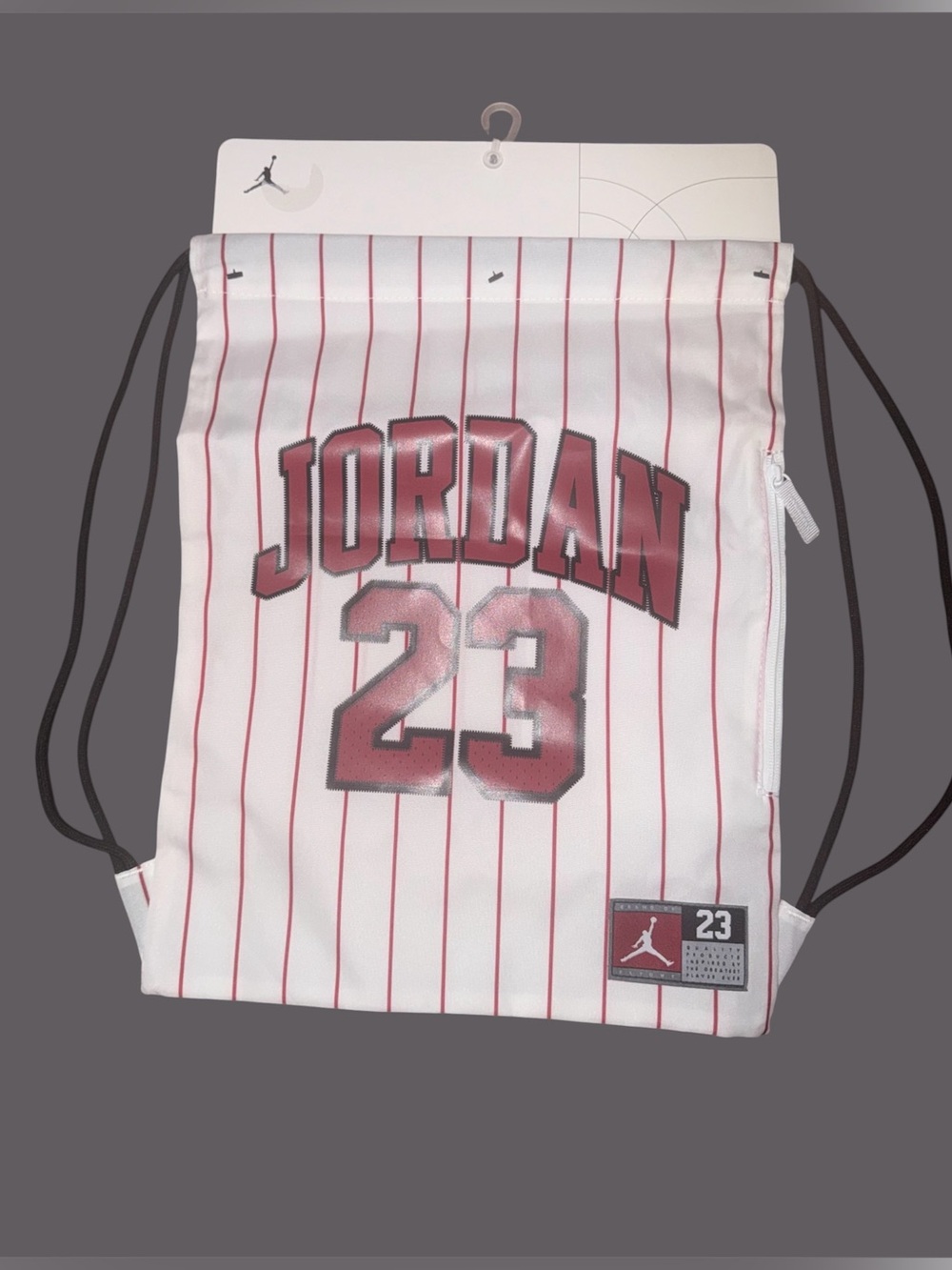 *new* Jordan White Drawstring Backpack with Red Pinstripes and Black Accents